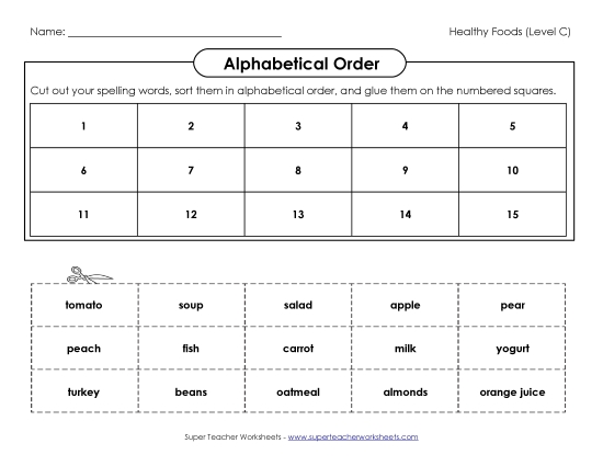 ABC Order - ABC Order: Cut and Glue (C-Healthy Foods)  (Printable PDF Worksheet)