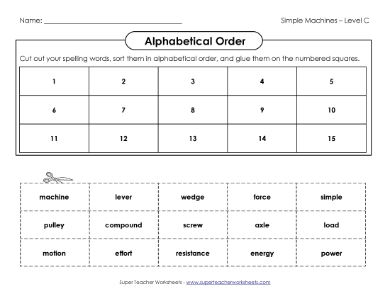 ABC Order - ABC Order: Cut and Glue (C-Simple Machines Words) (Printable PDF Worksheet)