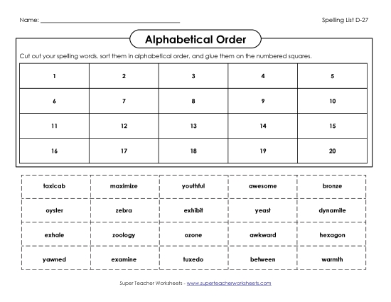 Alphabetical Order - ABC Order: Cut and Glue (D-27) (Printable PDF Worksheet)