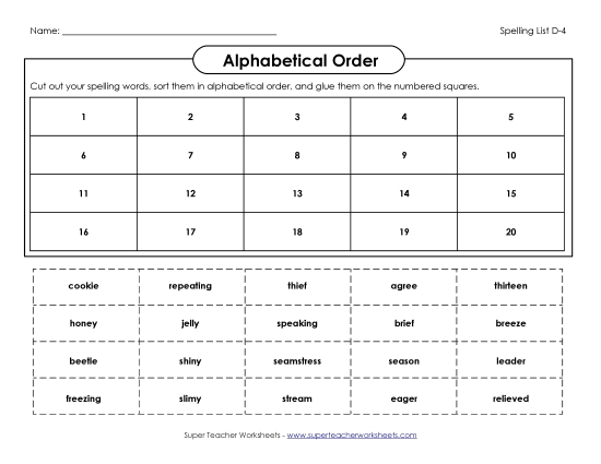 Alphabetical Order - ABC Order: Cut and Glue (D-4) (Printable PDF Worksheet)