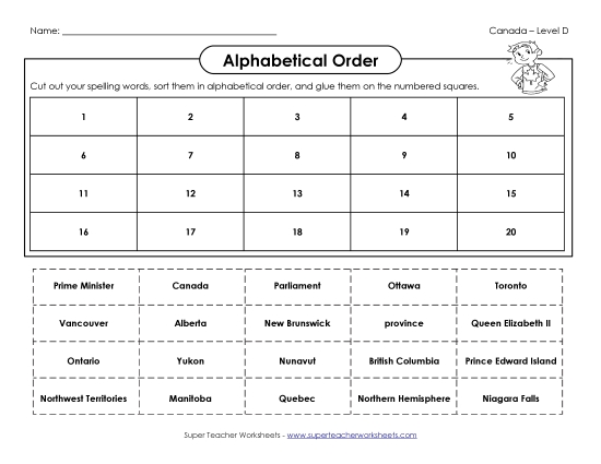 ABC Order - ABC Order: Cut and Glue (D-Canada Words)  (Printable PDF Worksheet)