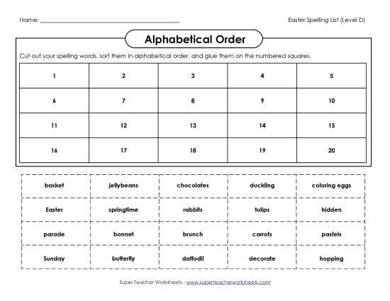Alphabetical Order - ABC Order: Cut & Glue (D-Easter)  (Printable PDF Worksheet)