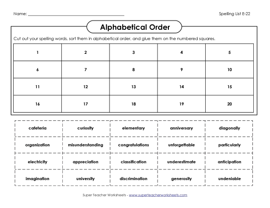 Alphabetical Order - ABC Order: Cut and Glue (E-22) (Printable PDF Worksheet)