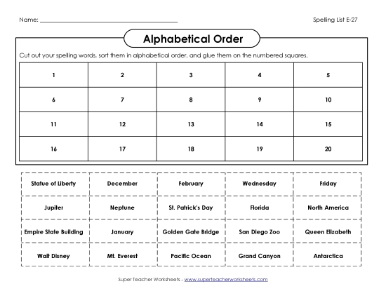 Alphabetical Order - ABC Order: Cut-and-Glue (E-27) (Printable PDF Worksheet)