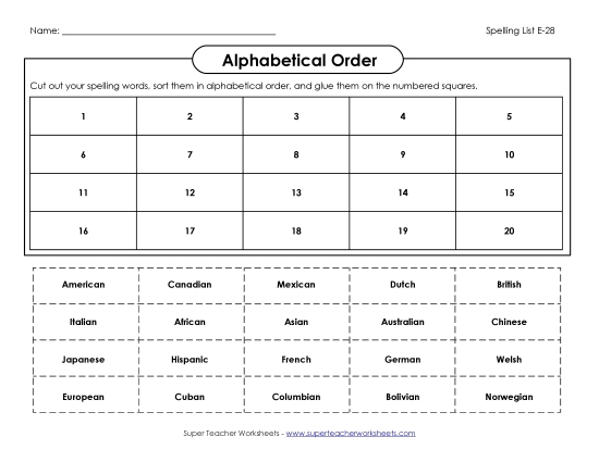 Alphabetical Order - ABC Order: Cut-and-Glue (E-28) (Printable PDF Worksheet)