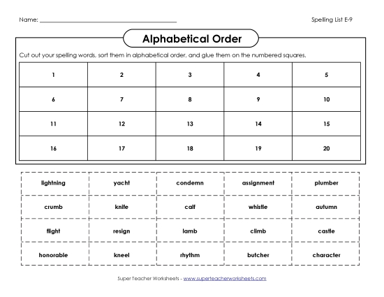 Alphabetical Order - ABC Order: Cut & Glue (E-9) (Printable PDF Worksheet)