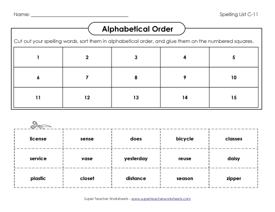 Alphabetical Order - ABC Order: Cut & Paste (C-11) (Printable PDF Worksheet)