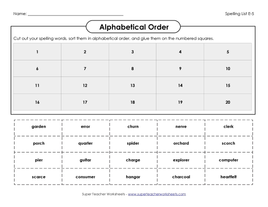 Alphabetical Order - ABC Order: Cut-and-Paste (E-5) (Printable PDF Worksheet)