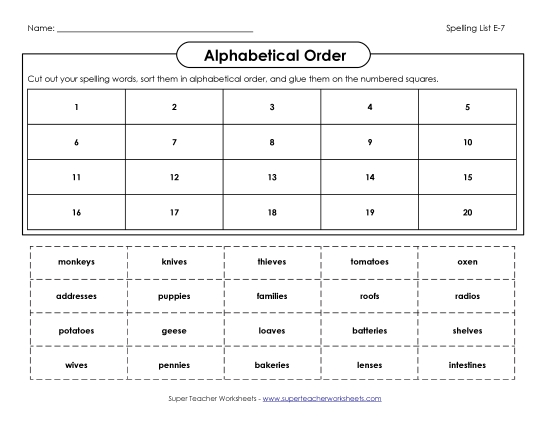 Alphabetical Order - ABC Order: Cut & Paste (E-7) (Printable PDF Worksheet)