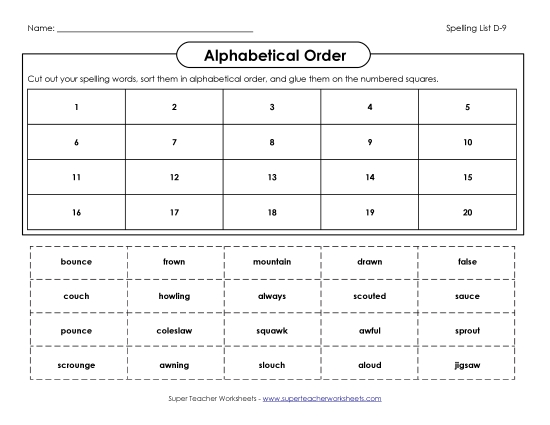 Alphabetical Order - ABC Order: Cut-Glue (D-9) (Printable PDF Worksheet)