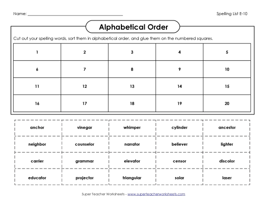 Alphabetical Order - ABC Order: Cut-Glue (E-10) (Printable PDF Worksheet)