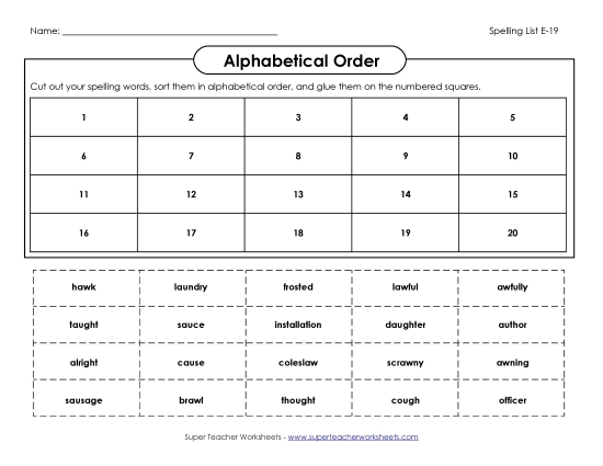 Alphabetical Order - ABC Order: Cut Glue (E-19) (Printable PDF Worksheet)