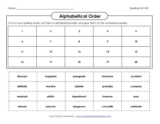 Alphabetical Order - ABC Order: Cut-Glue (E-20) (Printable PDF Worksheet)