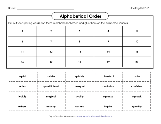 Alphabetical Order - ABC Order: Cut-Paste (E-15) (Printable PDF Worksheet)