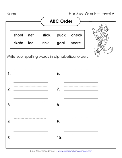 ABC Order - ABC Order: Full List (A-Hockey Words)  (Printable PDF Worksheet)