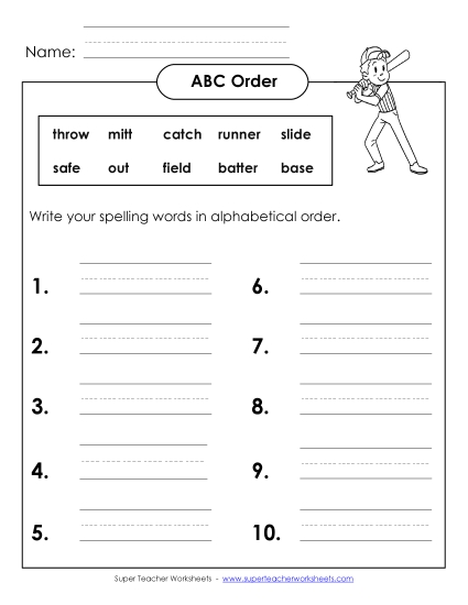 ABC Order - ABC Order: Full List (B-Baseball)  (Printable PDF Worksheet)