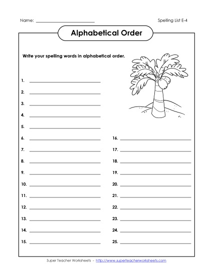 Alphabetical Order - ABC Order: Whole List (E-4) (Printable PDF Worksheet)