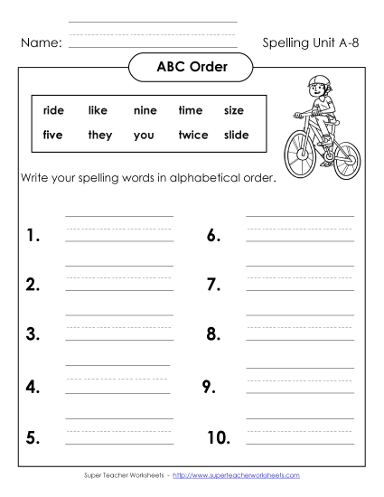 ABC Order - ABC Order: Write (A-8) (Printable PDF Worksheet)
