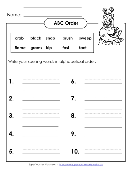ABC Order - ABC Order: Write (B-10) (Printable PDF Worksheet)