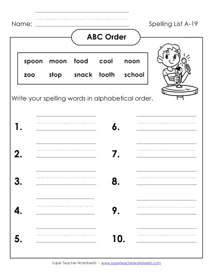ABC Order - ABC Order: Write List (A-19) (Printable PDF Worksheet)