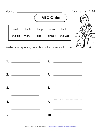 ABC Order - ABC Order: Write List (A-25) (Printable PDF Worksheet)