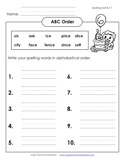 ABC Order - ABC Order: Write List (B-17)  (Printable PDF Worksheet)
