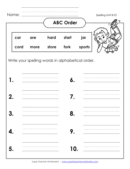 ABC Order - ABC Order: Write List (B-22) (Printable PDF Worksheet)