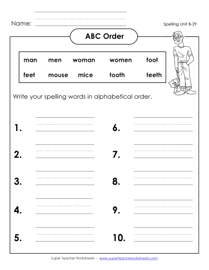 ABC Order - ABC Order: Write List (B-29) (Printable PDF Worksheet)