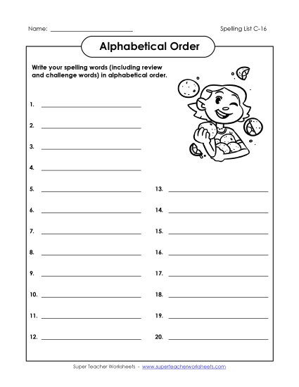 Alphabetical Order - ABC Order: Write List (C-16) (Printable PDF Worksheet)