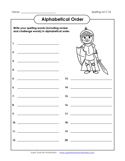 Alphabetical Order - ABC Order: Write List (C-24) (Printable PDF Worksheet)
