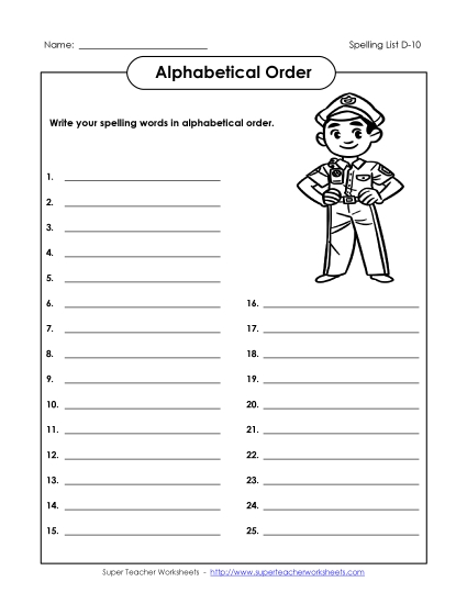 Alphabetical Order - ABC Order: Write List (D-10) (Printable PDF Worksheet)