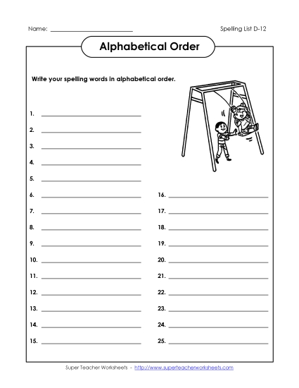 Alphabetical Order - ABC Order: Write List (D-12) (Printable PDF Worksheet)