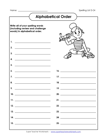 Alphabetical Order - ABC Order: Write List (D-24) (Printable PDF Worksheet)