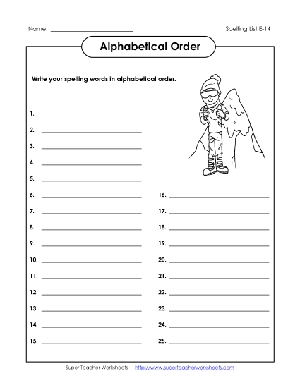 Alphabetical Order - ABC Order: Write List (E-14) (Printable PDF Worksheet)