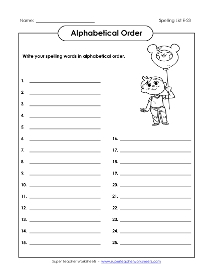 Alphabetical Order - ABC Order: Write List (E-23) (Printable PDF Worksheet)