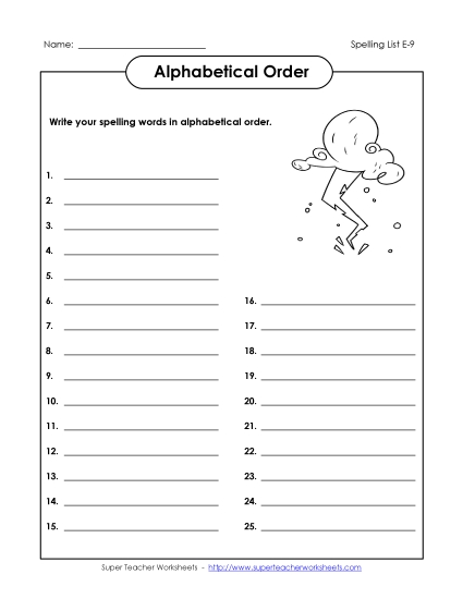 Alphabetical Order - ABC Order: Write List (E-9) (Printable PDF Worksheet)