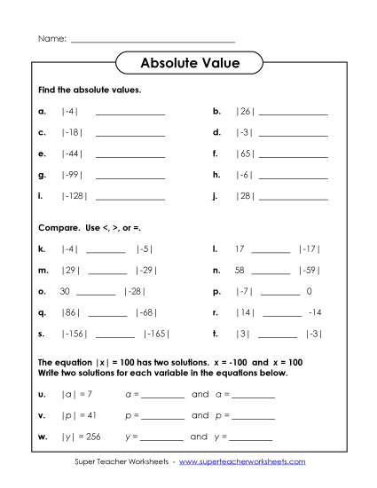 Absolute Value - Absolute Value Worksheet (Printable PDF Worksheet)