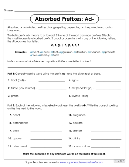Absorbed Prefixes - Absorbed Prefixes: Ad- (Printable PDF Worksheet)