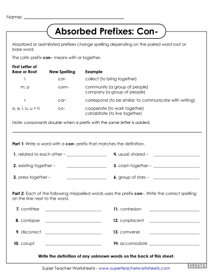 Absorbed Prefixes - Absorbed Prefixes: Con- (Printable PDF Worksheet)