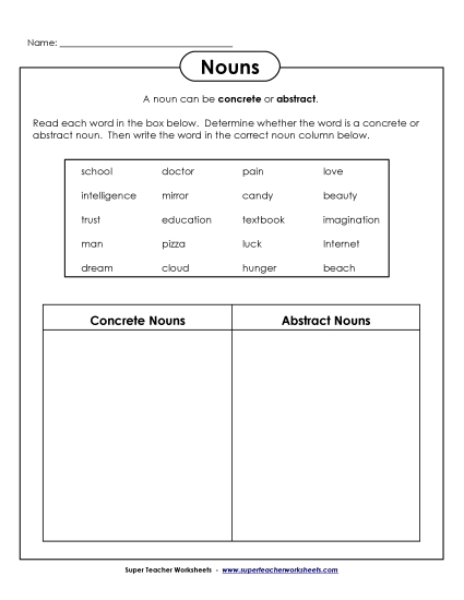 Abstract and Concrete Nouns - Abstract and Concrete Nouns: T-Chart (Printable PDF Worksheet)