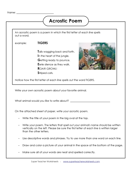 Acrostic Poems - Acrostic Animals (Printable PDF Worksheet)