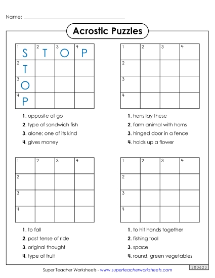 Word Challenges - Acrostic Squares (Easy) (Printable PDF Worksheet)