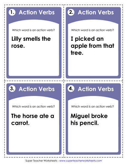 Basic Action Verbs - Action Verb Task Cards (Printable PDF Worksheet)