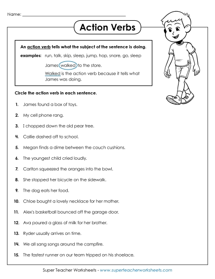 Basic Action Verbs - Action Verbs 1 (Printable PDF Worksheet)