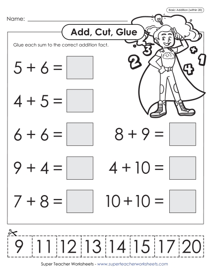 Addition Worksheets & Games - Add, Cut, Glue (Addends Up to 10; Sums to 20) (Printable PDF Worksheet)