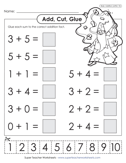 Addition Worksheets, Games, & Puzzles - Add, Cut, Glue Wizard (Printable PDF Worksheet)