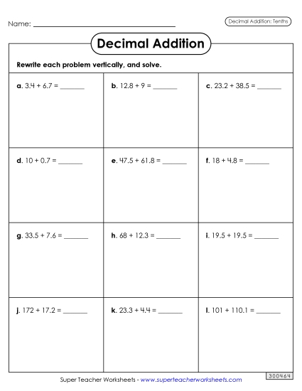Tenths - Add Decimals: Tenths (Printable PDF Worksheet)