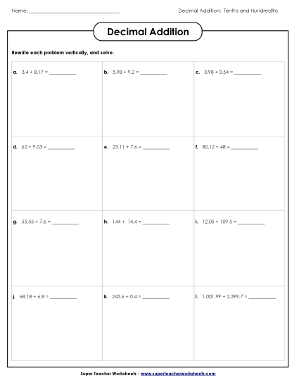 Hundredths - Add: Hundredths (Printable PDF Worksheet)