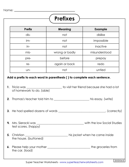 Prefixes - Add Prefix to complete sentences (Printable PDF Worksheet)