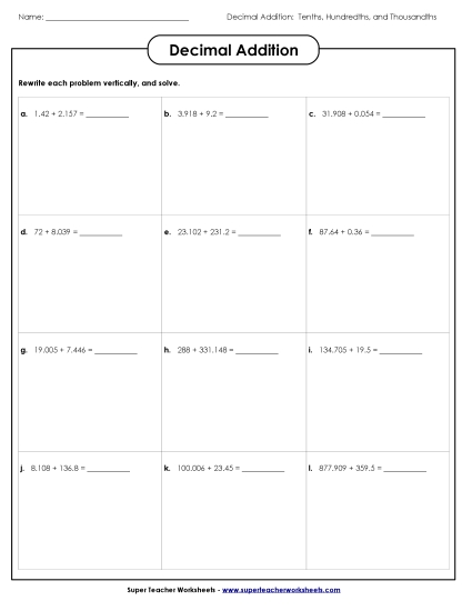 Thousandths - Add: Thousandths (Printable PDF Worksheet)
